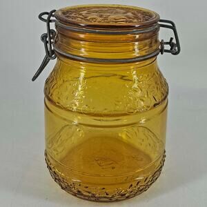 Vintage gold Lidded Floral Cove Mason Jar Canister MadeI In Italy 7”
